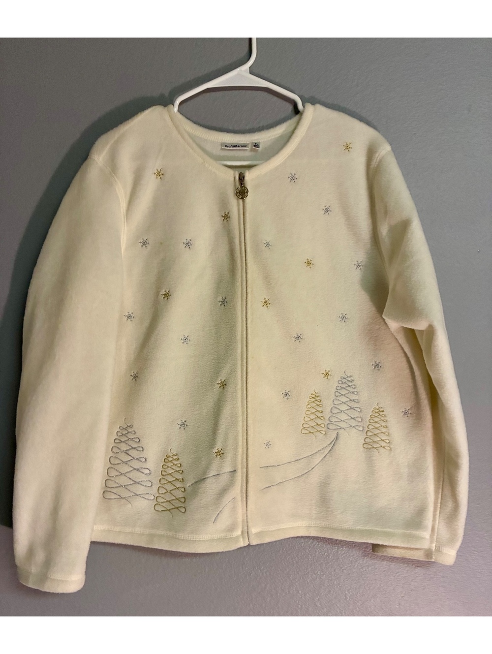 Croft & Barrow Cream Ivory Winter Snowflake Embroidered Fleece Zip Jacket Sz L